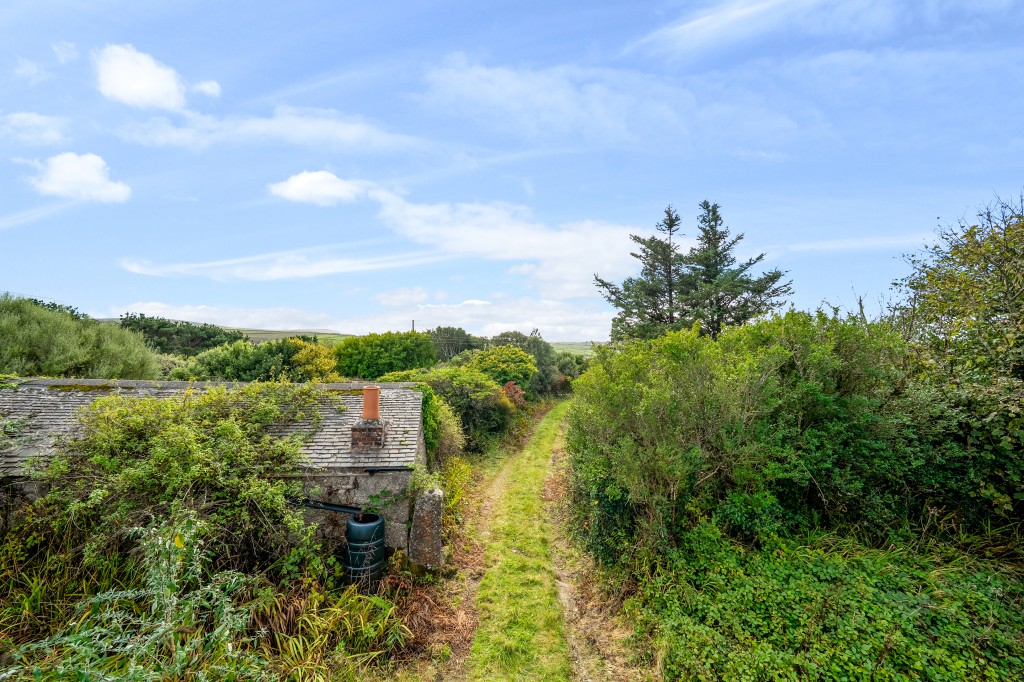 Lot: 47812 - FORMER CAPTAINS HOUSE PLUS THREE-BEDROOM BUNGALOW SET IN OVER 8.5 ACRES OF LAND WITH COUNTRYSIDE AND SEA VIEWS - Access lane with potting shed
